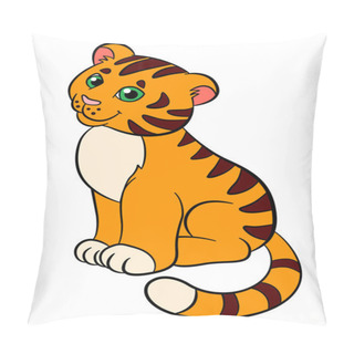 Personality  Cartoon Wild Animals For Kids: Tiger. Little Cute Baby Tiger Sits And Smiles. Pillow Covers