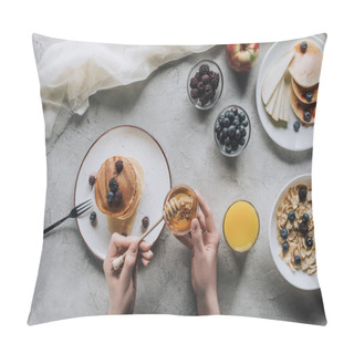 Personality  Top View Of Person Eating Delicious Homemade Pancakes With Honey And Fruits On Grey Pillow Covers