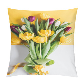 Personality  Top View Of Yellow, Pink And White Tulips With Ribbon For International Womens Day Pillow Covers