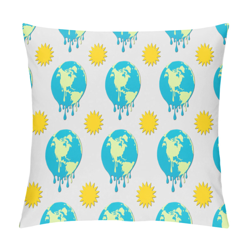Personality  pattern with melting earth and sun signs on grey background, global warming concept pillow covers