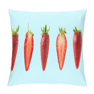 Personality  Strawberry Isolated On Blue Background. Minimal Food Concept. Pillow Covers