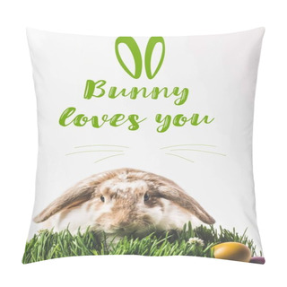 Personality  Rabbit Looking At Camera And Sitting On Grass With Eggs And Bunny Loves You Lettering Pillow Covers