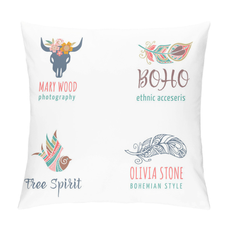 Personality  Bohemian, tribal, ethnic icon set with feather and bird pillow covers