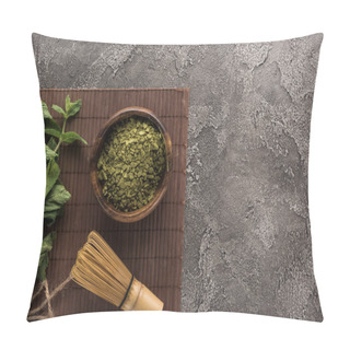 Personality  Top View Of Green Matcha Tea With Mint And Whisk On Bamboo Mat On Dark Stone Table Pillow Covers