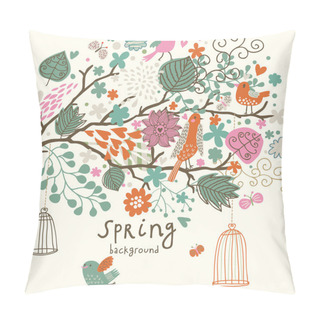 Personality  Birds On The Tree Ni Flowers Out Of Cages. Spring Concept Background In Vector. Floral Composition Can Be Used Ans Wedding Invitation Pillow Covers