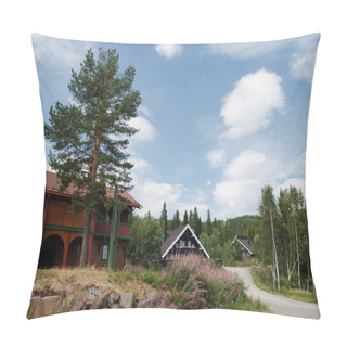 Personality  TRYSIL, NORWAY  - 26 JULY 2018: Living Houses Under Cloudy Blue Sky At Largest Ski Resort Trysil In Norway Pillow Covers