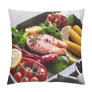 Personality  Raw Salmon Steak With Spices, Vegetables And Greenery In Grill Pan Pillow Covers