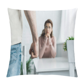 Personality  Selective Focus Of Angry Man Threatening With Fist While Standing Near Woman  Pillow Covers