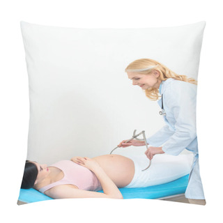 Personality  Mature Obstetrician Gynecologist Measuring Pelvis Size Of Pregnant Woman With Pelvimeter Pillow Covers