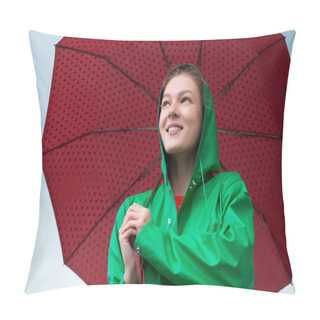 Personality  Woman In Raincoat Holding Umbrella At Overcast Sky Background Pillow Covers