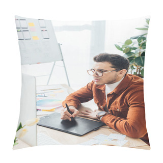Personality  Ux Designer Using Graphics Tablet And Computer Near App Layouts On Table In Office Pillow Covers