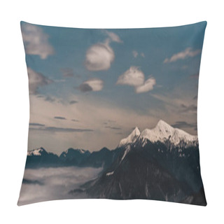 Personality  Scenic View Of Snowy Mountains With White Fluffy Clouds In Evening, Panoramic Shot Pillow Covers