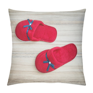 Personality  Red Slippers With Blue Ribbon On The Wooden Background Pillow Covers