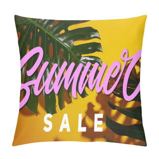 Personality  Top View Of Tropical Green Leaves On Yellow Background With Summer Sale Illustration Pillow Covers