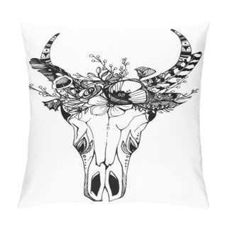 Personality  Cow, Buffalo, Bull Skull In Tribal Style With Flowers. Bohemian, Boho Vector Illustration. Wild And Free Ethnic Gypsy Symbol. Pillow Covers