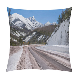 Personality  Scenic Winter Drive In Montana:  A Snowy Mountain Road Curves Through A Portion Of Glacier National Park That Remains Open All Year. Pillow Covers