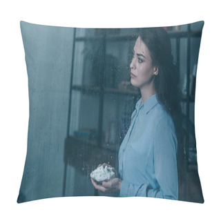 Personality  Grieving Mother Holding Baby Shoes Through Window With Raindrops And Copy Space Pillow Covers