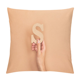 Personality  Cropped View Of Man Holding Paper Cut Letter S On Beige Background Pillow Covers