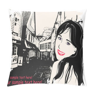 Personality  Fashion Girl In Sketch Style On A Scandinavian City-background. Pillow Covers