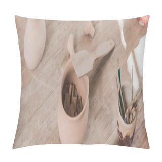 Personality  High Angle View Of Handmade Clay Pots With Spatula On Wooden Table In Pottery, Banner Pillow Covers