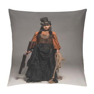 Personality  Full Length View Of Attractive Steampunk Woman Holding Guy And Lasso On Grey Pillow Covers