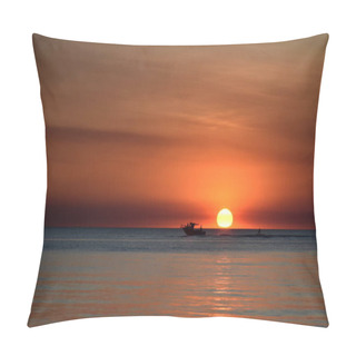 Personality  Cruising Sail Boat Passes Majestically Beneath The Enchanting Sunset. The Sun Casts Orange Shades Across An Evening Sky At Mindil Beach (Darwin, Northern Territory, Australia). Pillow Covers