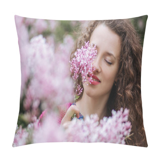 Personality  Woman Around A Lilac Pink Flowers Tree In A Spring Garden Pillow Covers