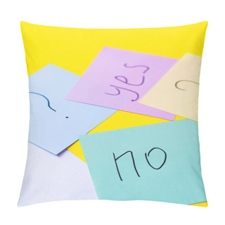 Personality  Top View Of Paper Notes With Question Mark Near Yes And No Lettering On Yellow Background Pillow Covers