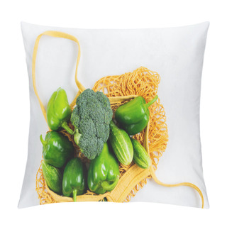 Personality  Top View Of Fresh Green Vegetables In Net Bag On White Concrete Background Pillow Covers