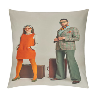 Personality  Woman In Orange Dress And Sunglasses Near Happy Man In Plaid Blazer And Vintage Suitcases On Grey Pillow Covers