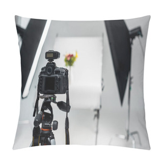 Personality  Close-up View Of Professional Photo Camera In Photo Studio  Pillow Covers