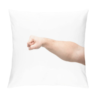 Personality  Cropped View Of Man Showing Fist Isolated On White Pillow Covers