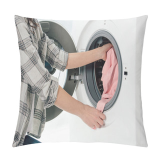 Personality  Cropped View Of Woman Putting Clothes In Washer In Laundry Room Pillow Covers