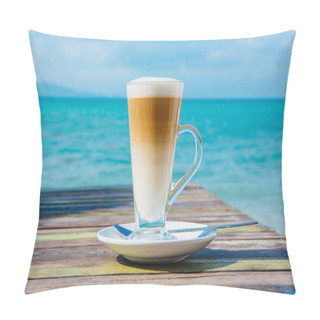 Personality  Coffee Latte On Wooden Table With Sea Background Pillow Covers