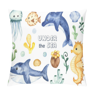 Personality  Underwater Creatures Shark, Dolphin, Fish Ball, Jellyfish, Seahorse, Algae, Corals. Watercolor Hand Drawn Clipart Pillow Covers