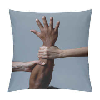 Personality  Black African American And Caucasian Hands Holding Together. White And Black Skin Arms In World United Against Racism, Racial Love And Understanding Races Diversity And Human Rights Cooperation Concept Pillow Covers