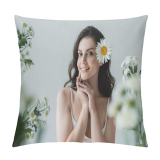 Personality  Pretty Brunette Woman With Flower In Hair Smiling At Camera Near Blurred Flowers Isolated On Grey  Pillow Covers