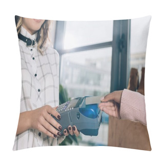 Personality  Cropped Shot Of Woman Paying With Contactless Purchase Pillow Covers