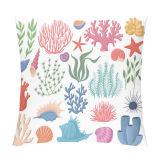 Personality  Sea Conch, Coral, Marine Clam Seashells, Cartoon Ocean Nature Starfish. Underwater Marine Flora, Seaweed, Coral Reef And Sea Shells Vector Symbols Illustrations. Ocean Life Elements Pillow Covers