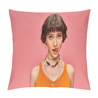 Personality  Cheeky Playful Girl In 20s With Short Brunette Hair Sticking Tongue Out On Pink Background Pillow Covers