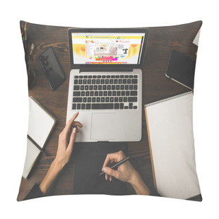 Personality  Cropped Shot Of Designer Using Graphics Tablet And Laptop With Aliexpress Website On Screen  Pillow Covers