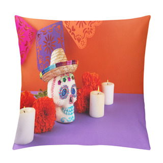Personality  Day Of The Dead. Dia De Los Muertos Celebration Background. Sugar Skull, Marigolds Or Cempasuchil Flowers Pillow Covers