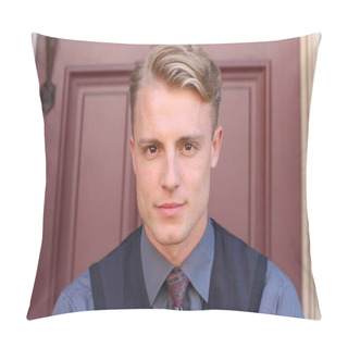 Personality  English Gentleman Beauty Concept. Portrait Of Young And Handsome Man Posing Outdoors Pillow Covers
