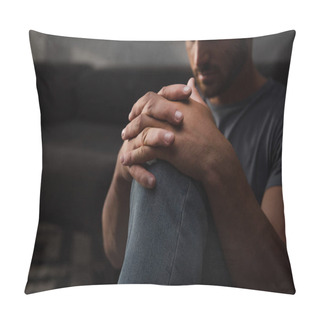 Personality  Sad Man Sitting On Floor At Home, Selective Focus Pillow Covers