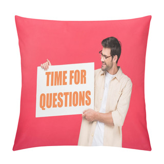 Personality  Handsome Man Holding White Placard With Time For Questions Illustration Isolated On Red Pillow Covers