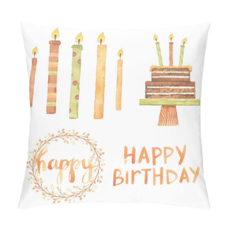 Personality  Watercolor Birthday: Cupcake, Cake, Candles, Ribbons, Stars, Balls. Hand Drawn Cartoon Watercolor Sketch Illustration Isolated On White Background. Collections For Birthday Card Pillow Covers