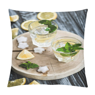 Personality  High Angle View Of Cold Fresh Mojito Cocktail In Glasses On Wooden Surface Pillow Covers