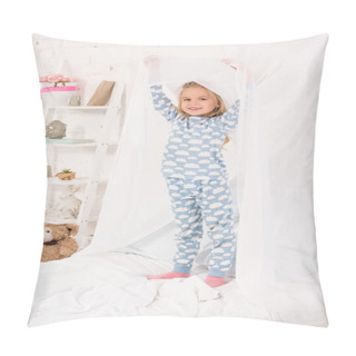 Personality  Smiling Kid In Pajamas Standing On Bed And Touching Canopy Pillow Covers
