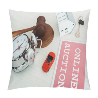 Personality  Card With Online Auction Lettering, Gavel, Alarm Clock, Key, Models Of Car And House  Pillow Covers