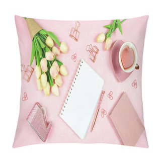 Personality  Feminine Pink Desktop Workspace Blog Header Overhead Flat Lay. Pillow Covers